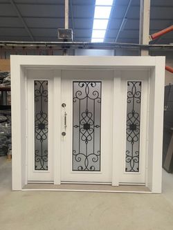 White Entry Door with Sidelights and Wrought Iron Glass