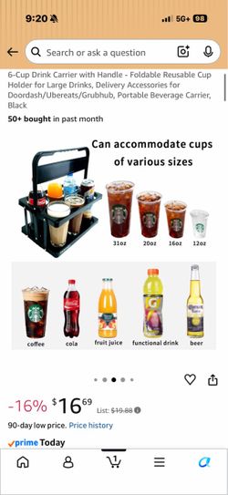6-Cup Drink Carrier with Handle - Foldable Reusable Cup Holder for Large Drinks, Delivery Accessories for Doordash/Ubereats/Grubhub, Portable Beverage
