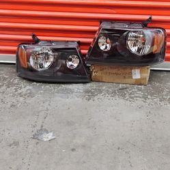 For 2004-2008 Ford F150 Pickup Smoked Housing Headlight Amber Side Corner Lamps Pair