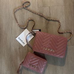 👜 bebe Pink Quilted Crossbody Purse + Matching Wallet