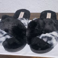 Faux Fur Cross Strap Slippers-Cozy Slide-Black- Large