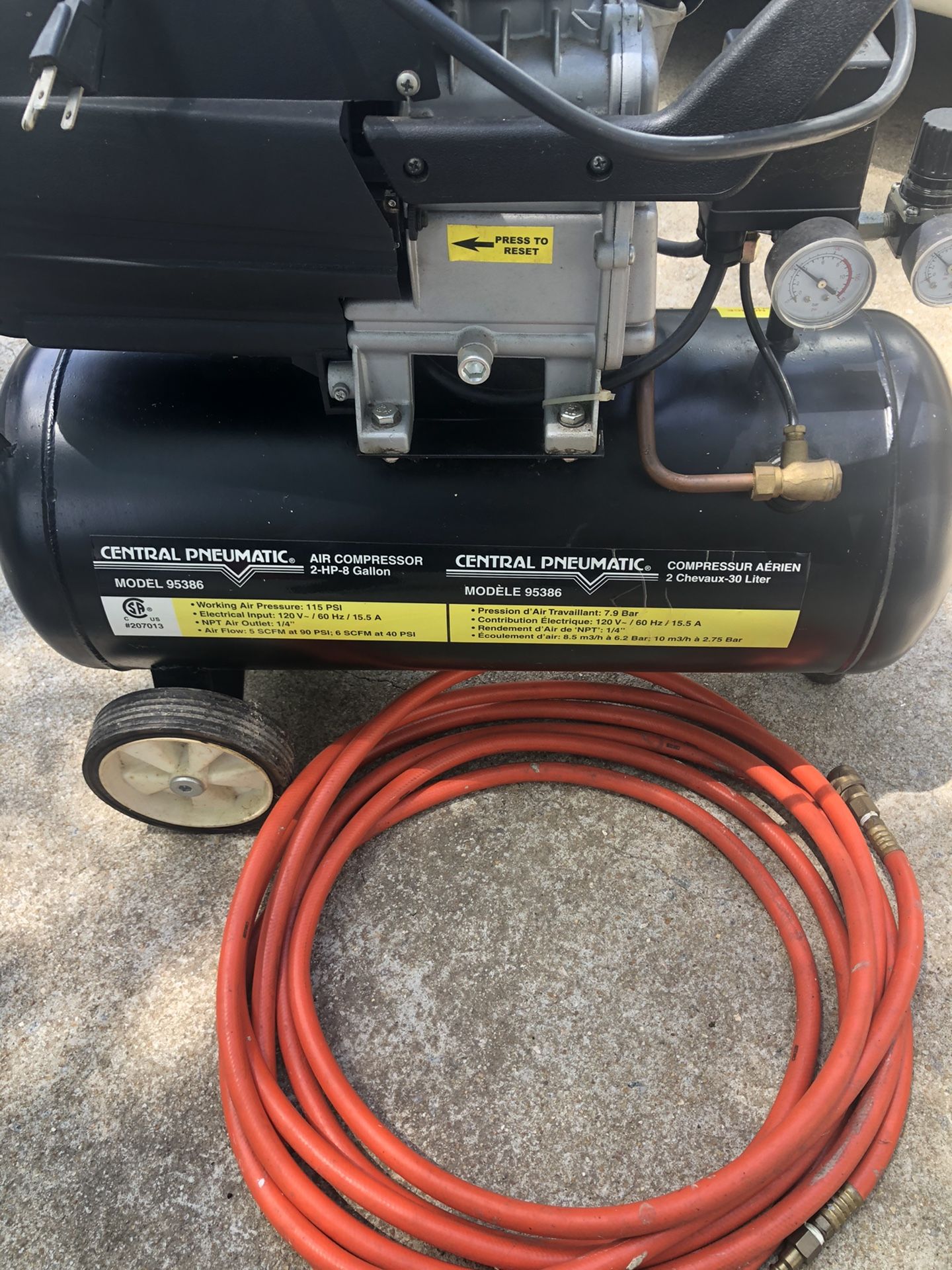 Central Pneumatic 95386 Air Compressor 8 gallons need Air Pressure