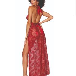 HIGH SLIT GARNET LACE HALTER MAXI DRESS