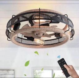 Fan Blade 14.96 in. 19.7 in. Indoor Black Bohemian Hemp Rope Ceiling Fan Light, Bulb Not Included, with Remote Control