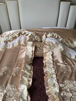 Luxury Satin curtains Set with Lace Trim
