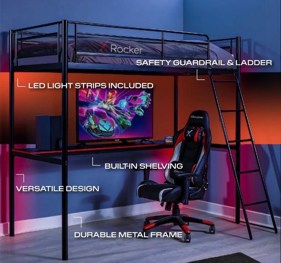 New Gaming Bunk Bed With Built-In Shelving & LED, Black/Twin
