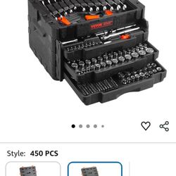 VEVOR Mechanics Tool Set and Socket Set, 1/4" 3/8" 1/2" Drive Deep and Standard Sockets, 450 Pcs SAE and Metric Mechanic Tool Kit with Bits, Combinati