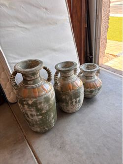 Set of 3 sturdy decorative pots.  Very well kept.  Seafoam green.  36”, 42”, 17”