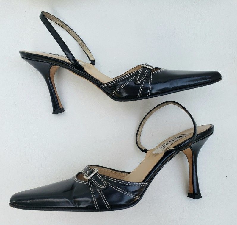 WOMEN'S BLACK PUMPS 3"Heels ISAAC MIZRAHI WHITE STITCHING POINTY TOE Sise 6B.