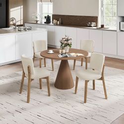 Set of 4 Modern Upholstered Dining Chairs – Linen & Natural Wood