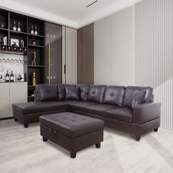 Brown Leather Sectional Couch Set