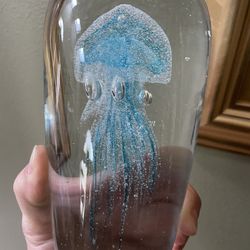 Vintage Large Art Glass Blue Jelly Fish Paperweight 8”