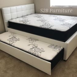 Full Twin White Trundle Bed With Ortho Mattress Included 