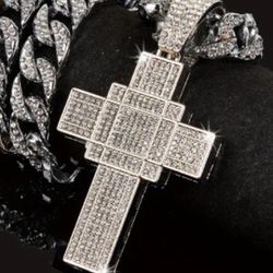 Mens Iced Out Cross Pendant And Cuban Link Chain 