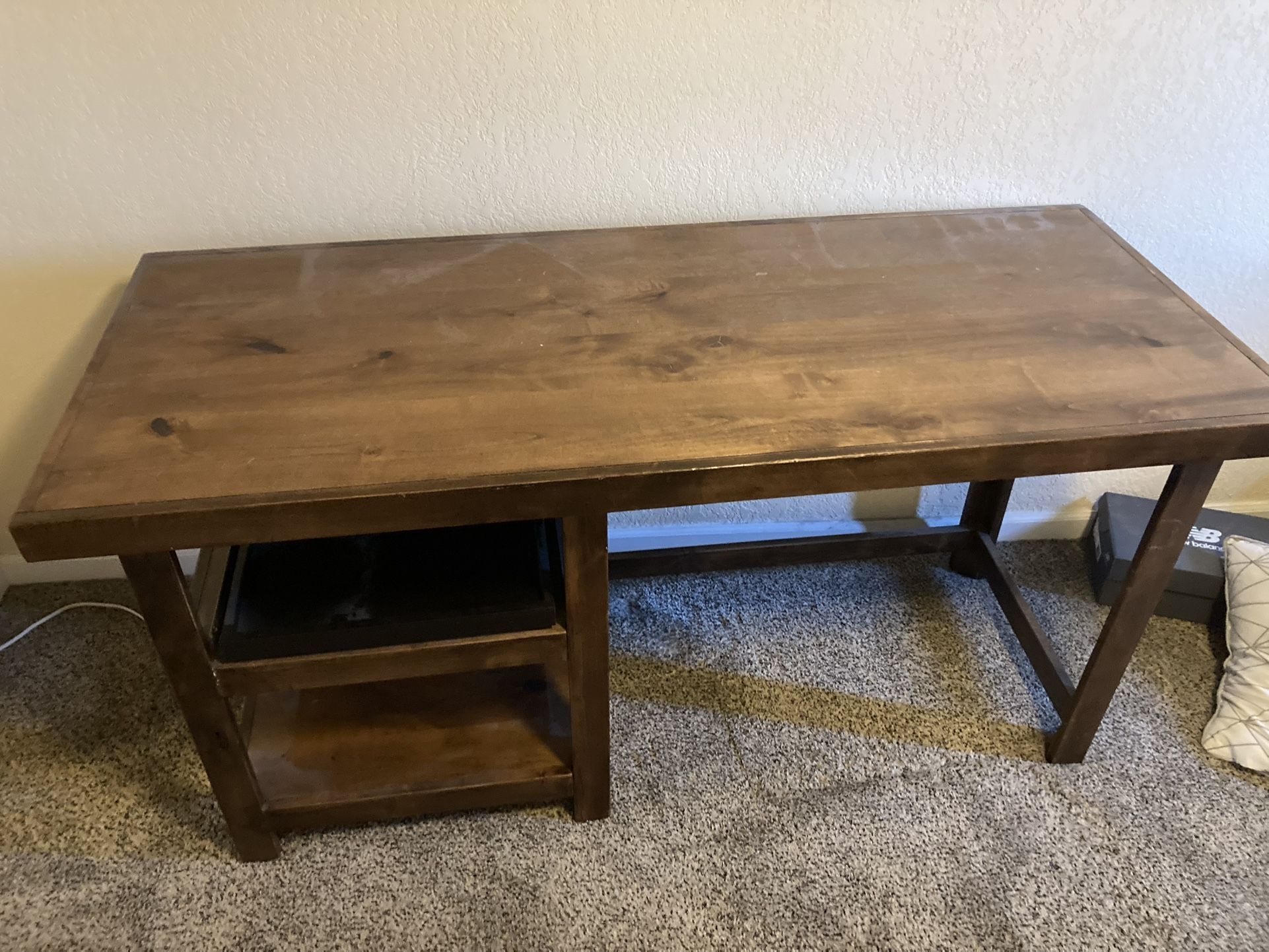 Solid wood desk with sliding tray and shelf