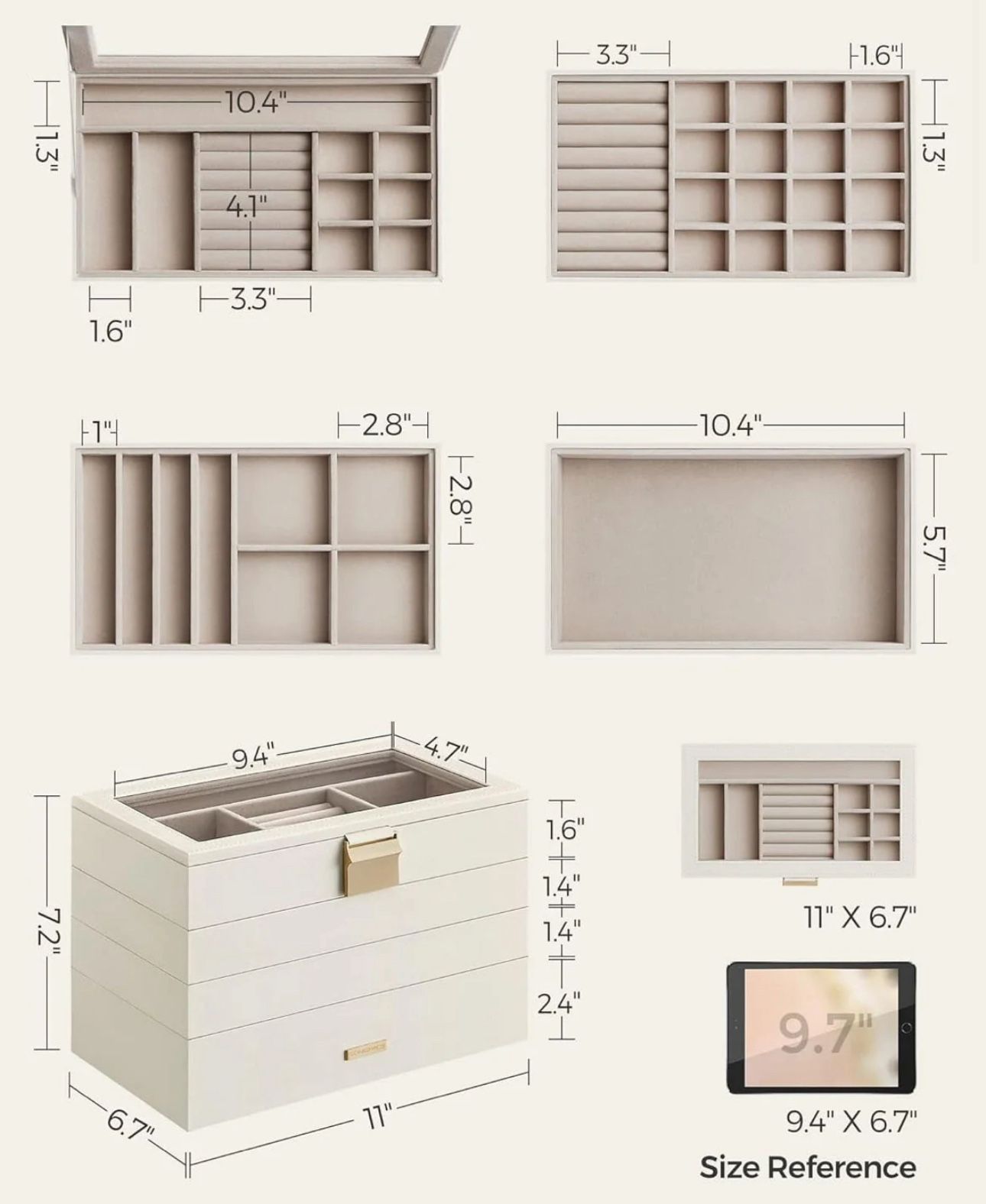 SONGMICS Stackable Jewelry Trays 4-Tier Jewelry Box Drawer Jewelry Organizer with Glass Lid - Cloud White