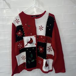 Vintage Christmas Ugly Sweater Kitschy Embellished Beaded Crystal Kobe Cardinals