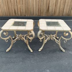 Set of End Tables - Ornate Iron with Tile and Glass Inserts