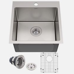 15 in. Undermount Stainless Steel Bar Sink, 16 Gauge Single Bowl Kitchen Prep Sink with Strainer & Bottom Grid, 15" x 17" x 10"