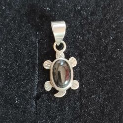 Handmade Onyx And Sterling Silver Detailed Turtle Pendant