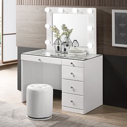 Brand New Glossy White Vanity With Led Mirror And Matching Stool 