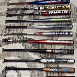 Lot of 12 Metal Softball/Baseball Bats. 34” and 26 oz