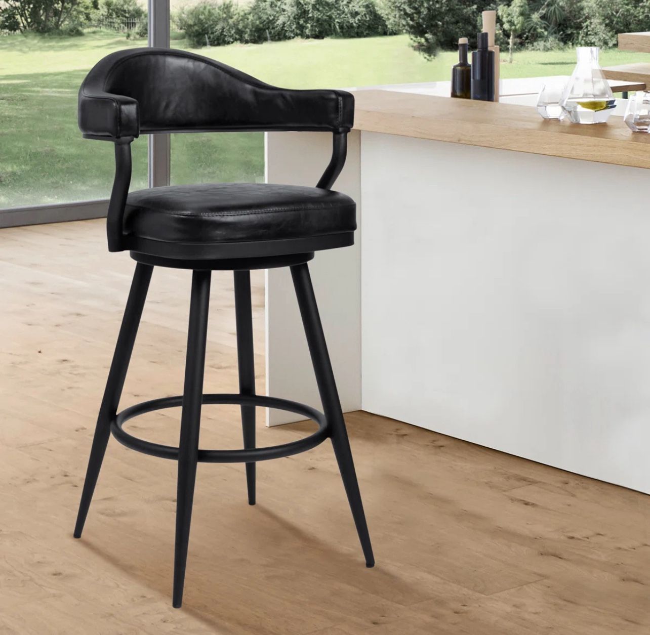 Vintage Black Swivel Counter or Bar Height Bar Stool with Arms in Faux Leather, and Metal Frame