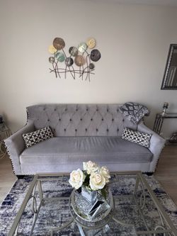 Living Room Furniture – Gray Sofa & Blue Accent Chair
