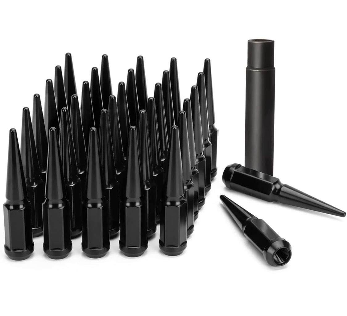 DYNOFIT 14mmx1.5 Wheel Spike Lug Nuts, 32 x Black M14x1.5 Lug Nut, Dynofit 4.4 inch Tall Closed End Nuts with 1 Socket Key for Chevy Silverado GMC Sie