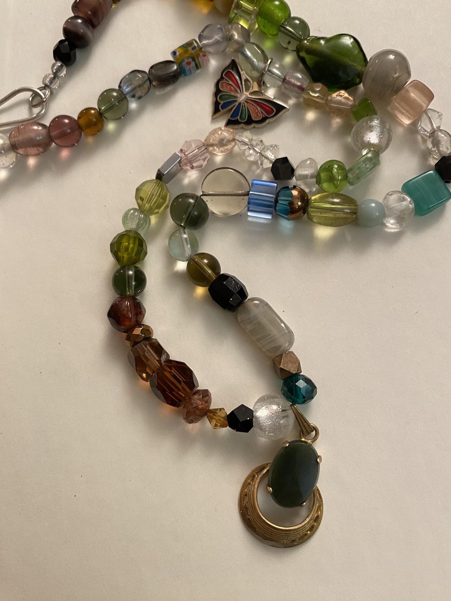 Glass Beaded Necklace w/ Antique Jade & Cloisonné Enamel Butterfly Pendant