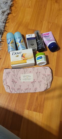 Beauty products and makeup bag