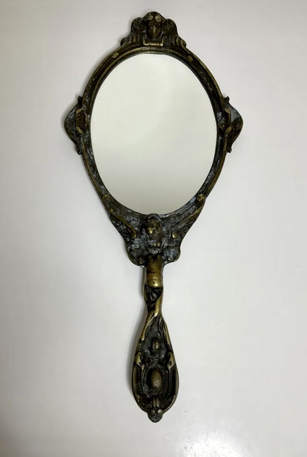 Antique Beautiful Rare Angel Brass Ornate Art Nouveau Hand Mirror