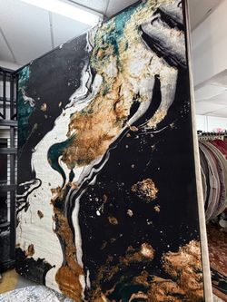 Abstract Area Rug Black Gold Teal