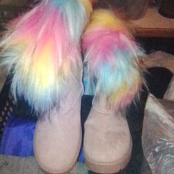 New Pink Boots w/ Rainbow Fur Trim