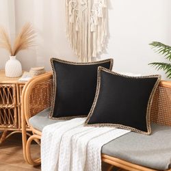 Set of 2 Farmhouse Throw Pillow Covers - Burlap Linen Trimmed Tailored Edges
