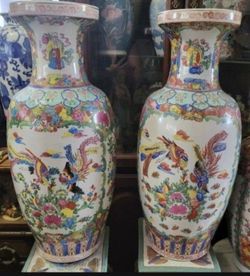 25" Pair Of 1960's Chinese Famille Rose Porcelain Floor Vases