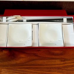 New! Crate & Barrel Porcelain SUSHI SET Platter & Plates with Chopsticks & Rest