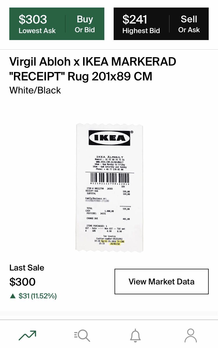 Virgil Abloh x IKEA MARKERAD RECEIPT Rug 201x89 CM White