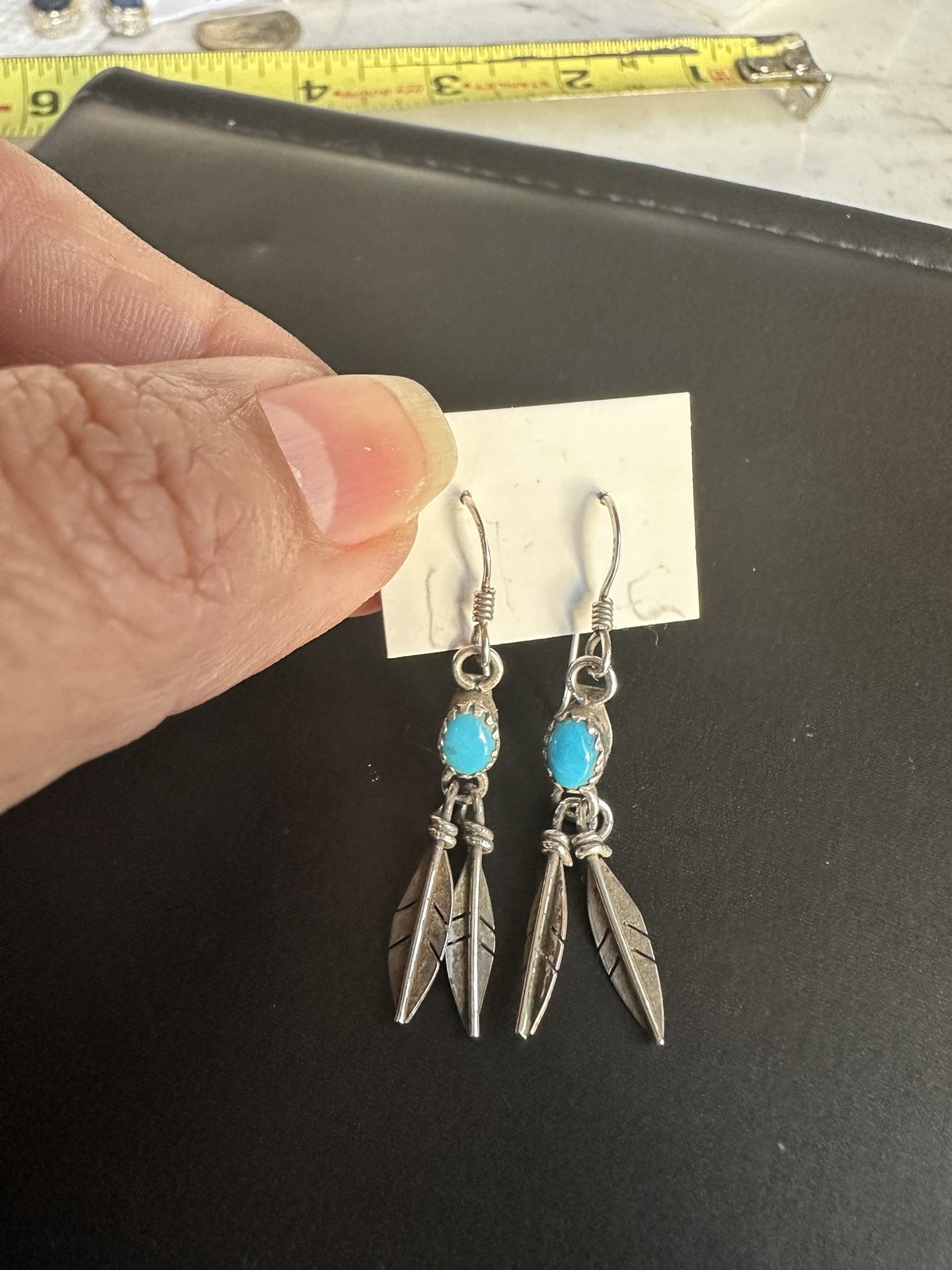 925 Sterling Silver W/ Turquoise And Feathers Earrings, Marked 925