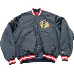Vintage Starter Men's Chicago Blackhawks Black Satin Bomber Jacket Size L USA
