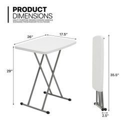 Folding Table, 26" Height Adjustable TV Tray, Portable Plastic Top Metal Frame Laptop Desk, White