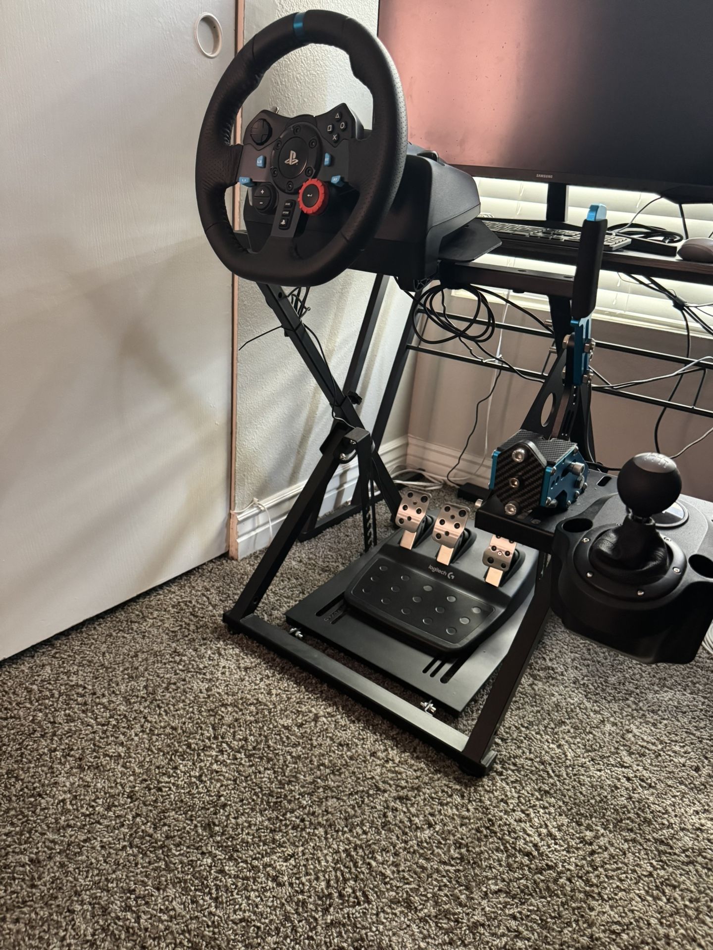 Driving/Racing Sim Setup. Pedals, Wheel, Shifter and Frame.
