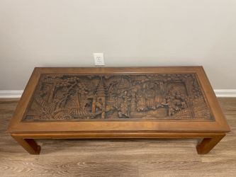 Vintage Mid Century Hand-Carved Wood Coffee Table w/ Glass Top