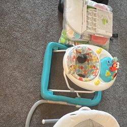 Baby Swing, Walker, Car seat & Diapers, Play mat & bottle rack