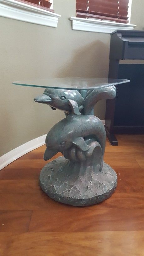 Small Glass Table w Dolphins Sculptural Base