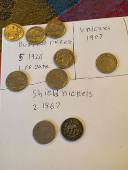 Lot of 9 6 buffalo nickels 1 library nickel 2 shield nickels
