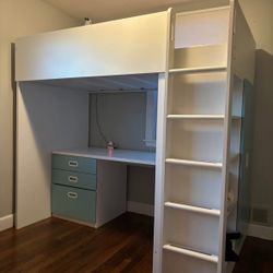 Ikea Smastad loft bed with drawers and wardrobe doors, lamp and twin mattress included