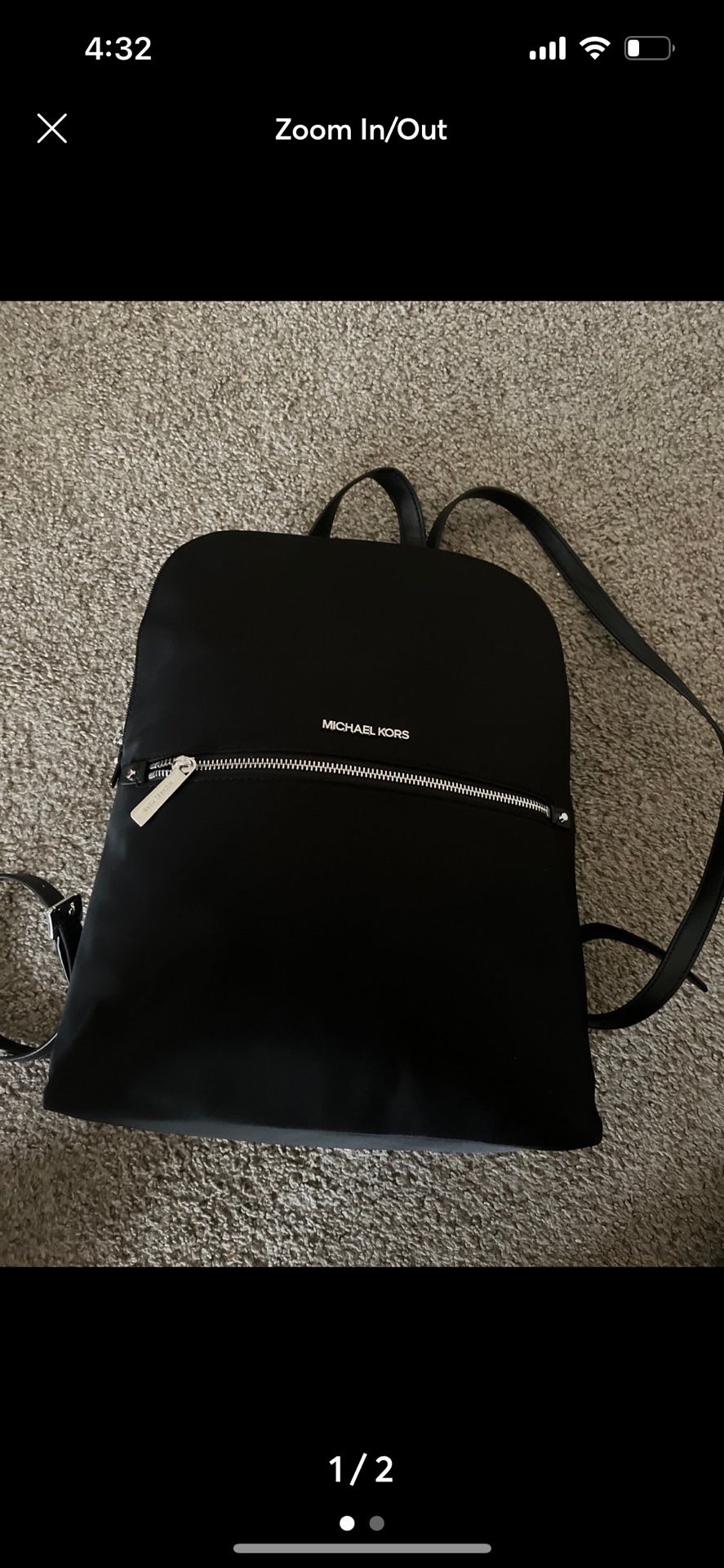 MICHAEL KORS POLLY MD BLACK SLIM NYLON ZIP BACKPACK SILVER
