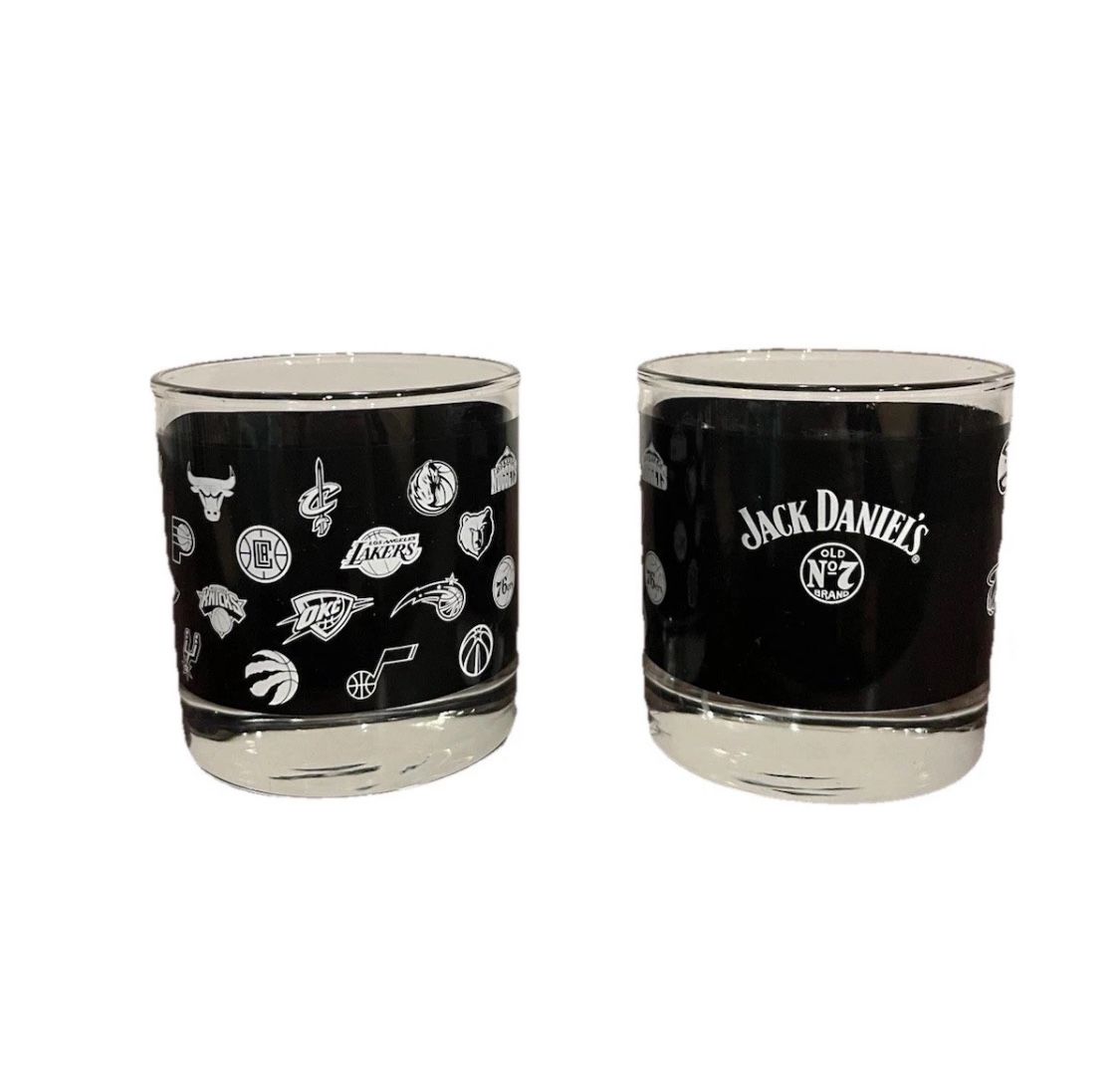 NBA Jack Daniels Old No 7 Basketball Glass Cup Low-ball Whiskey Bourbon Set Pair