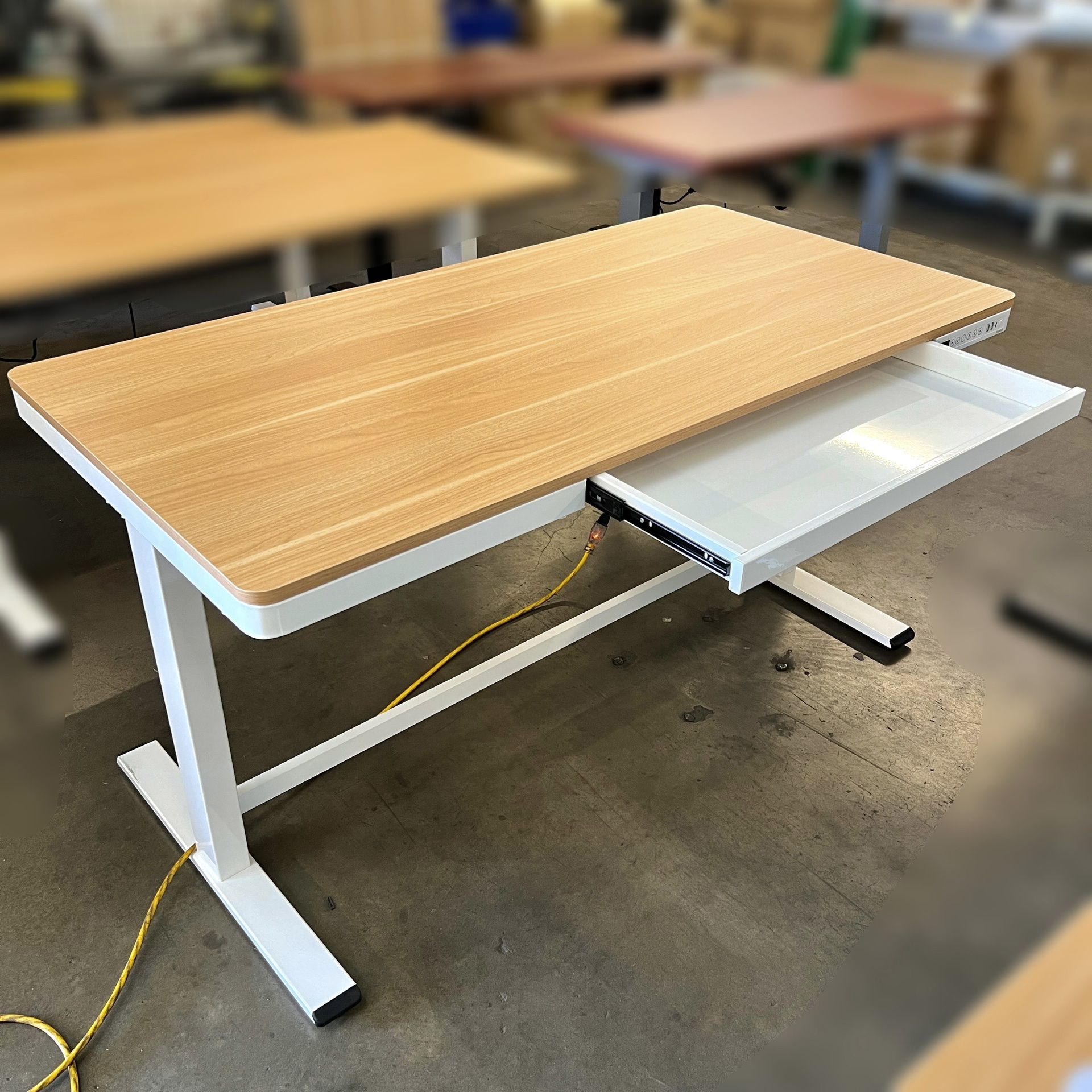 NEW 55” Light Wood/Oak Electric Standing Desk with Drawer, Charging Ports, Height Adjustable Office Desk, Computer Desk